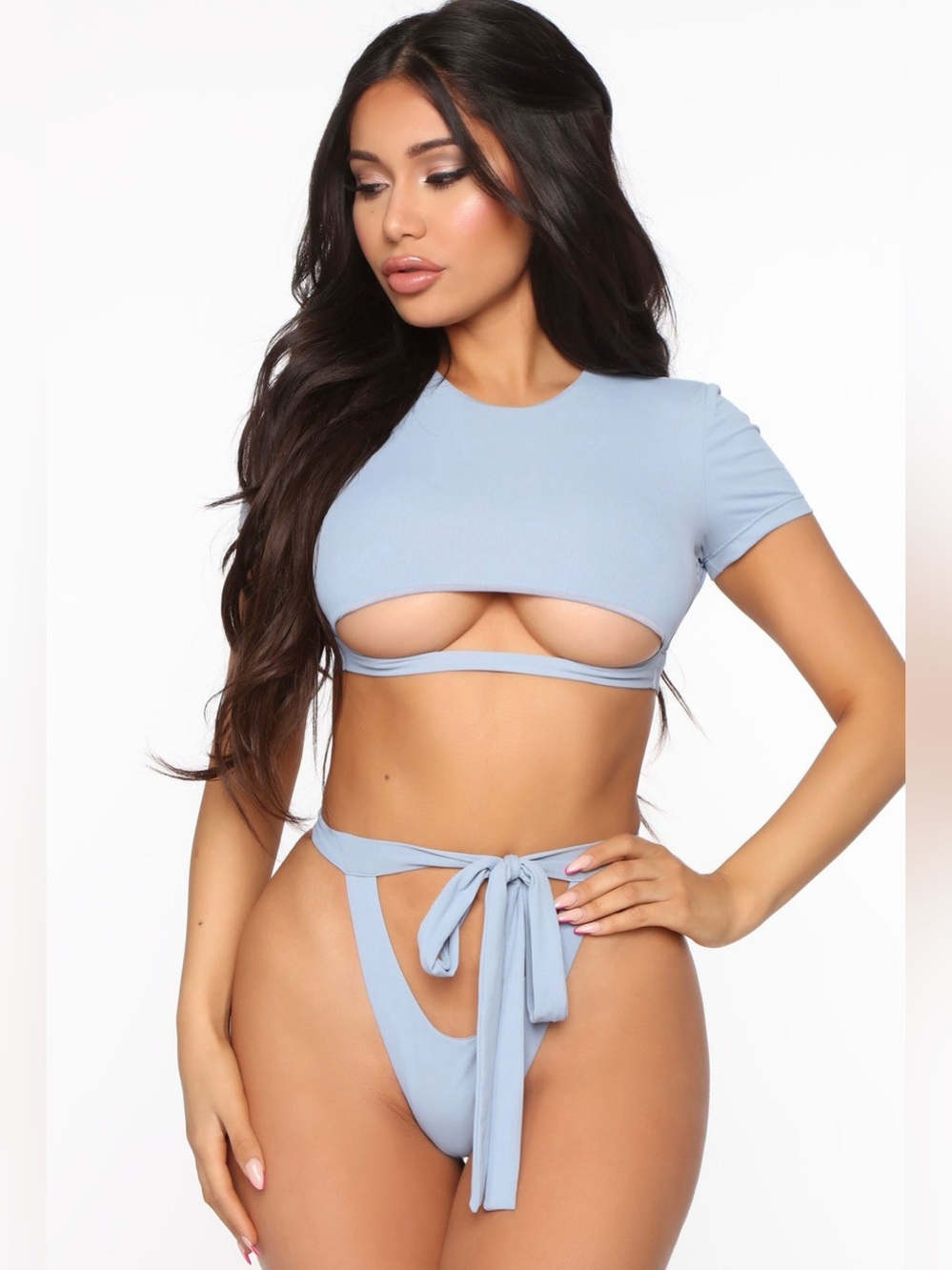 2 piece t-shirt Light Blue Cut-Out Tie Bikini Set